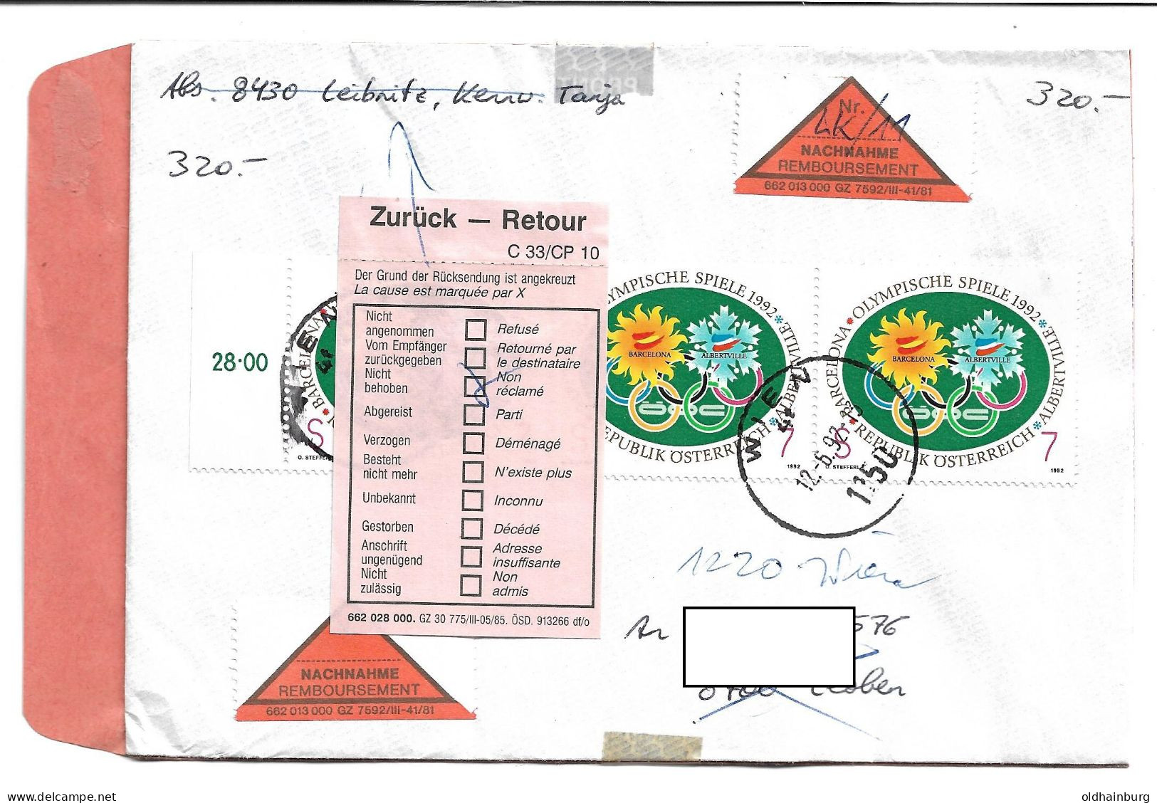1612w: Österreich 1992, Albertville Portogerechte MeF Auf Nachnahmebeleg - Cartas & Documentos