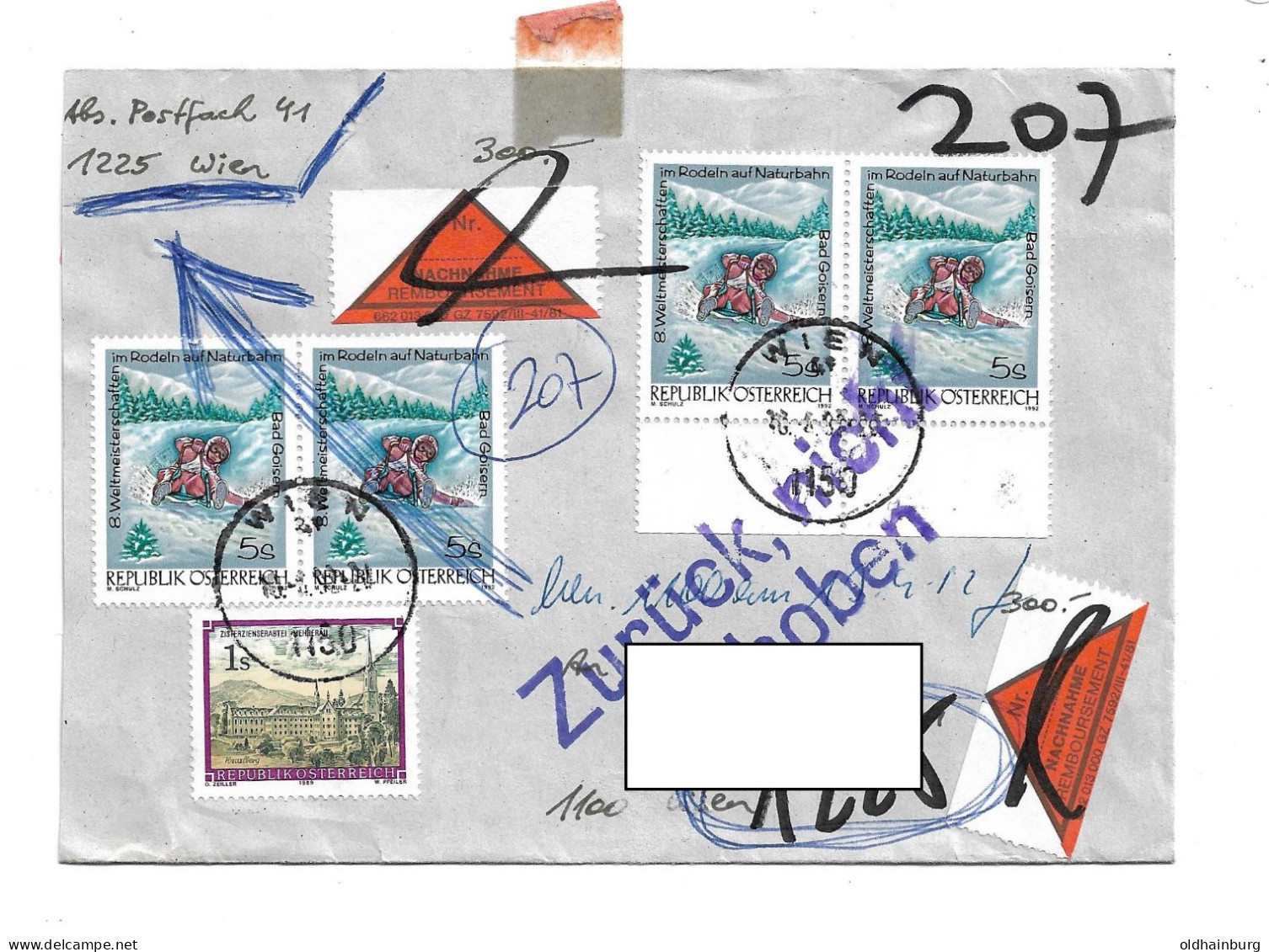 1612r: Österreich 1992, Briefmarke Naturbahnrodeln Bad Goisern Auf Nachnahme- Beleg - Bad Goisern