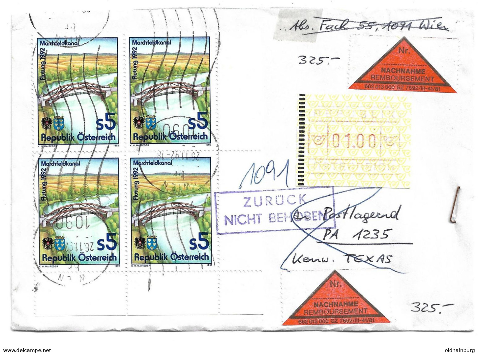 1612n: Österreich 1992, Marchfeldkanal- Brücke, Umwelt- & Wasserschutz, Portogerechte Frankatur Auf Nachnahmebeleg - Lettres & Documents