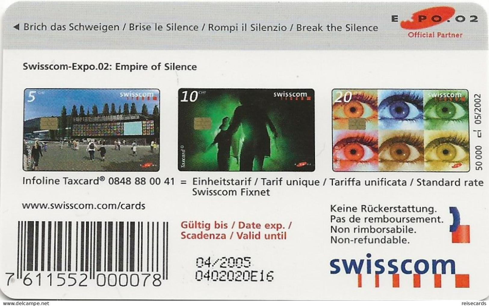 Switzerland: Swisscom CP123 Swisscom-Expo 2002 - Empire Of Silence - Suisse