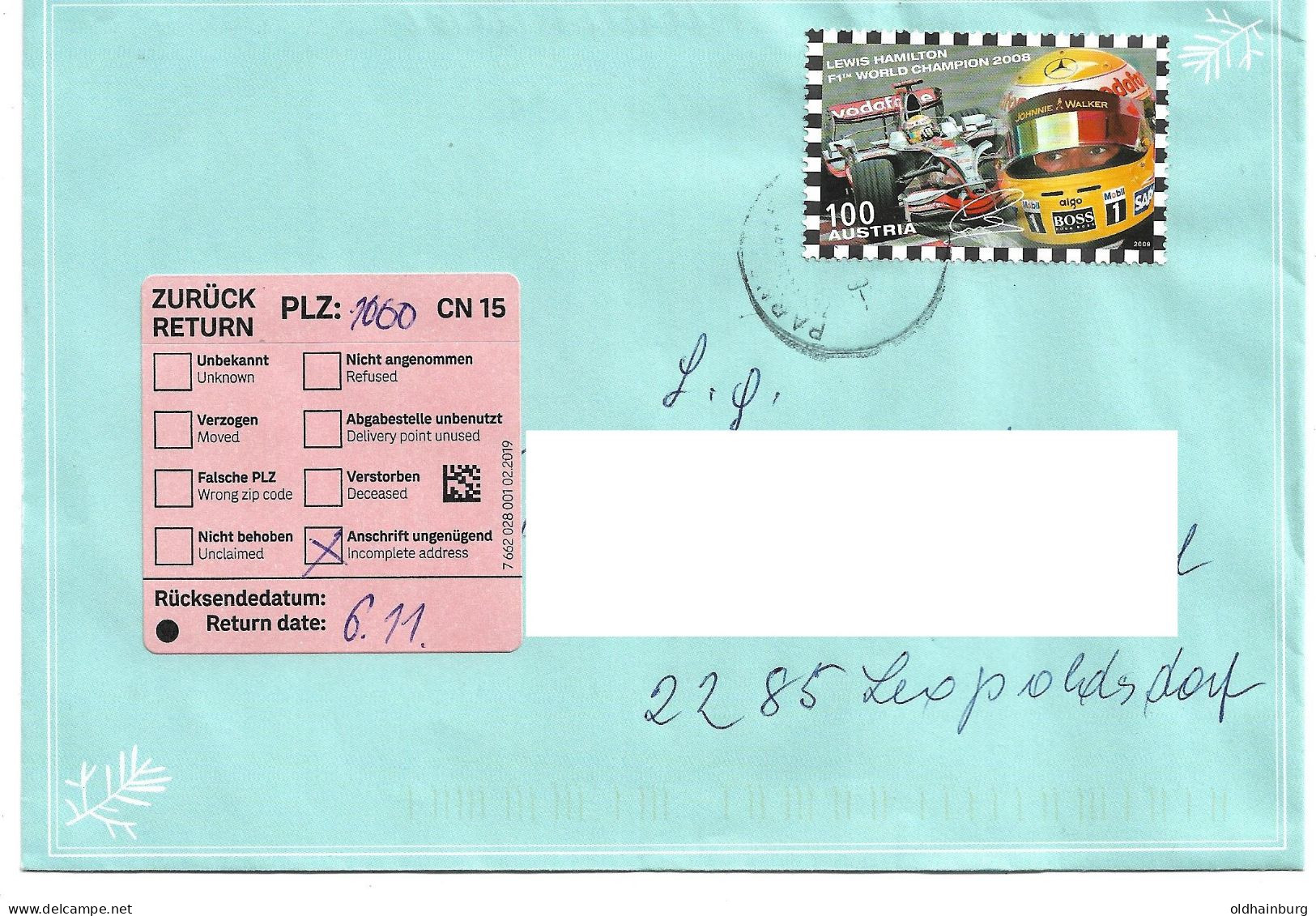 1612d: Austrian Stamp Lewis Hamilton Formula 1, Letter ! - Covers & Documents