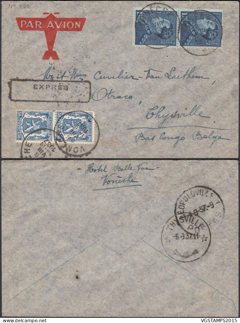 Congo Belge 1937- Lettre Par Avion De Vonêche -Belgique Vers Thysville-Bas Congo Belge. "Poortman".  (EB) AR-01883 - Used Stamps