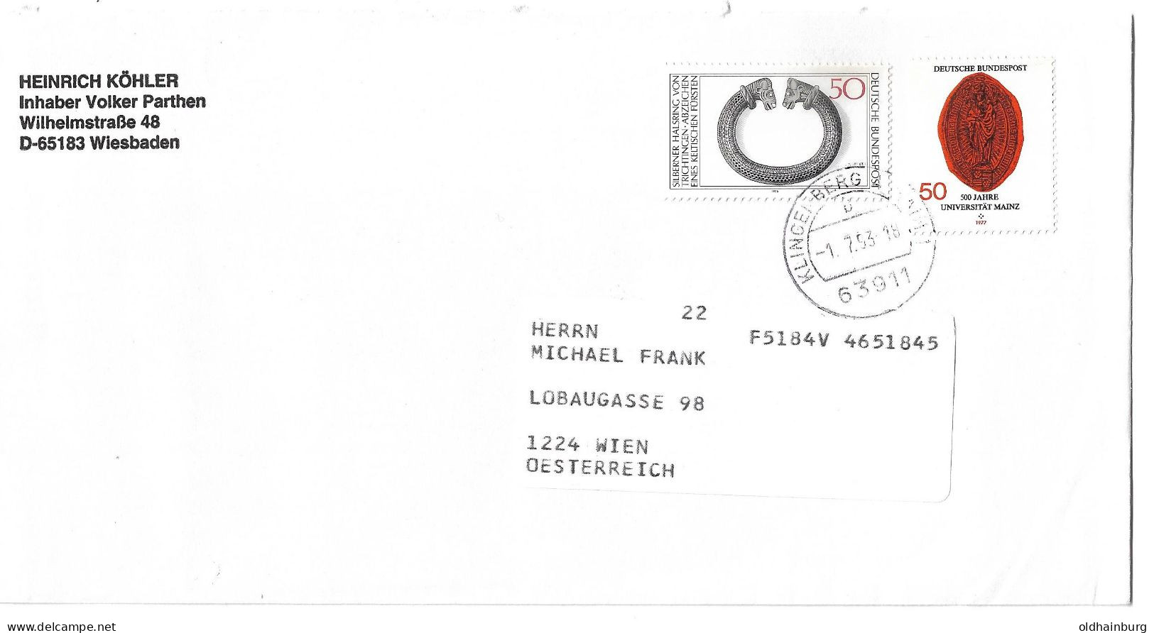 0061y: Universitätssiegel Mainz Auf BRD- Brief 1993 Nach Österreich - Sobres