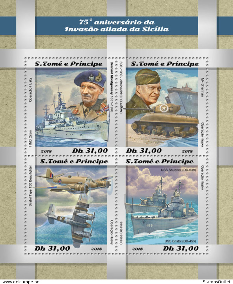 SÃO TOMÉ AND PRÍNCIPE  2018 MNH  Allied Invasion Of Sicily  Michel Code: 8085-8088. Yvert&Tellier Code: 6450-6453 - Sao Tome Et Principe