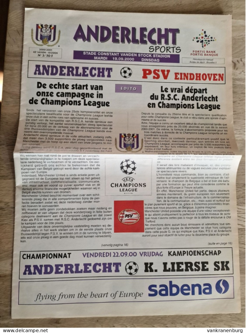 Programme Paper Anderlecht - PSV Eindhoven - 19.09.2000 - UEFA Champions League - Football Fussball Calcio Programm - Libros