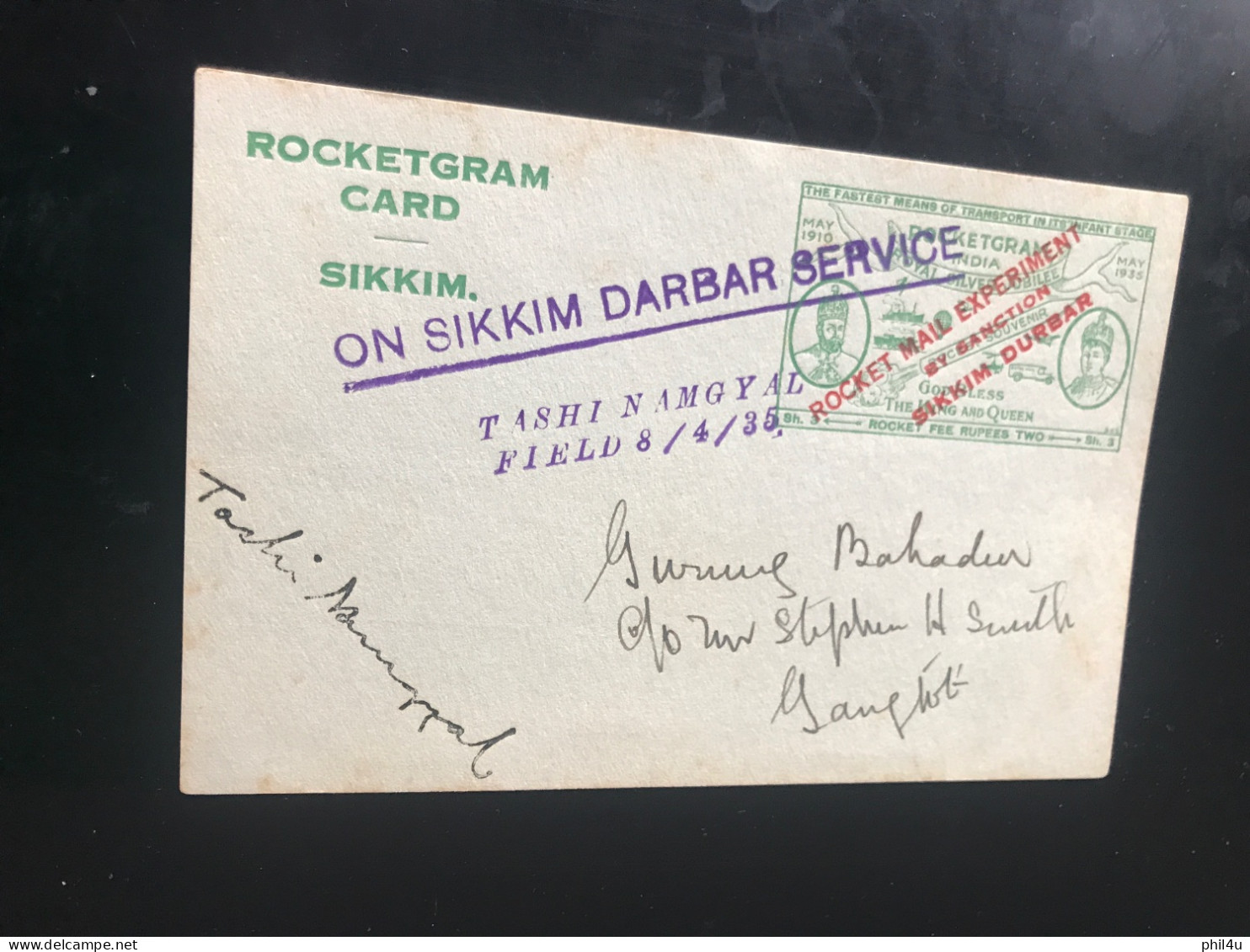 1935 RocketGram Card Green On Sikkim Darbar Service Card C/o Stephen H. Smith See Photos - Airmail