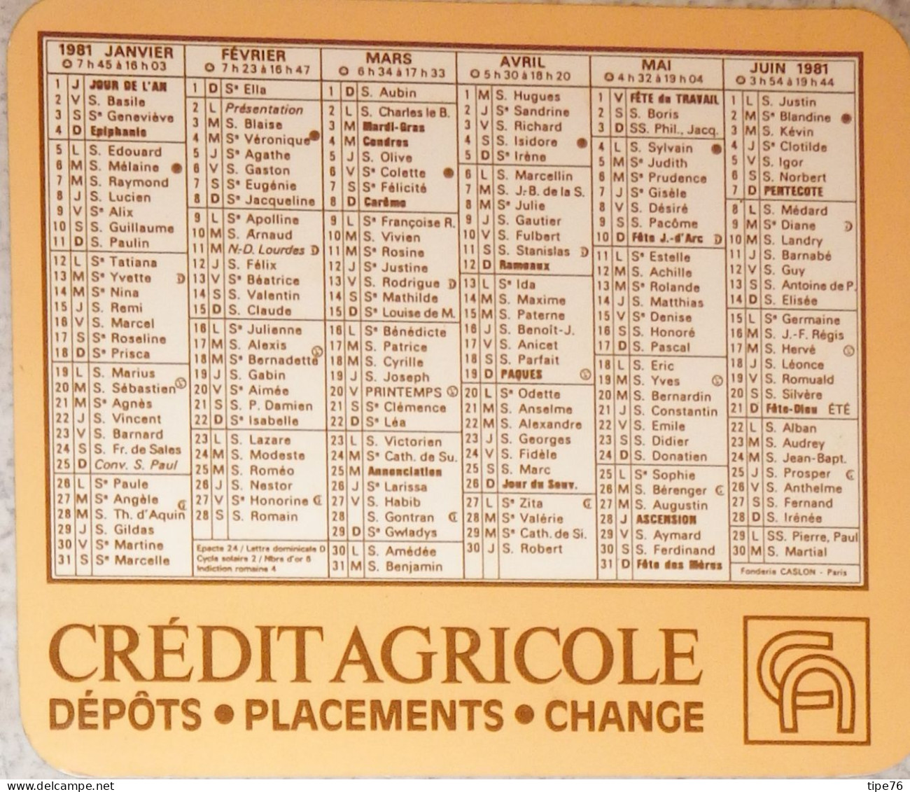 Petit Calendrier De  Poche 1981 Banque Crédit Agricole - Petit Format : 1981-90