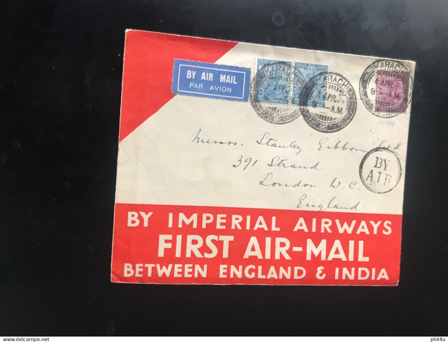 1929 Imperial Airways First Air Mail England And India Cover Stanley Gibbons Karachi Post Mark See Photos - Airmail