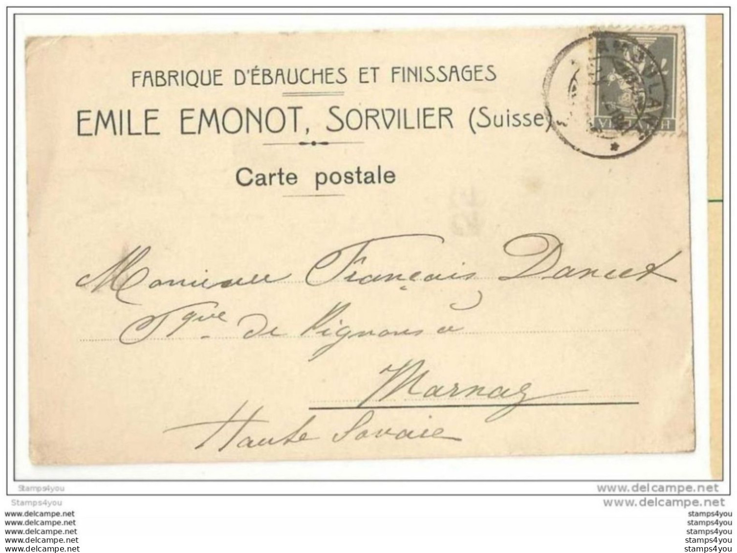 116 - 95 - Carte Fabrique D'ébauches Et Finissages Emile Emonot - Sorvilier 1918 - Cachet Ambulant - Orologeria