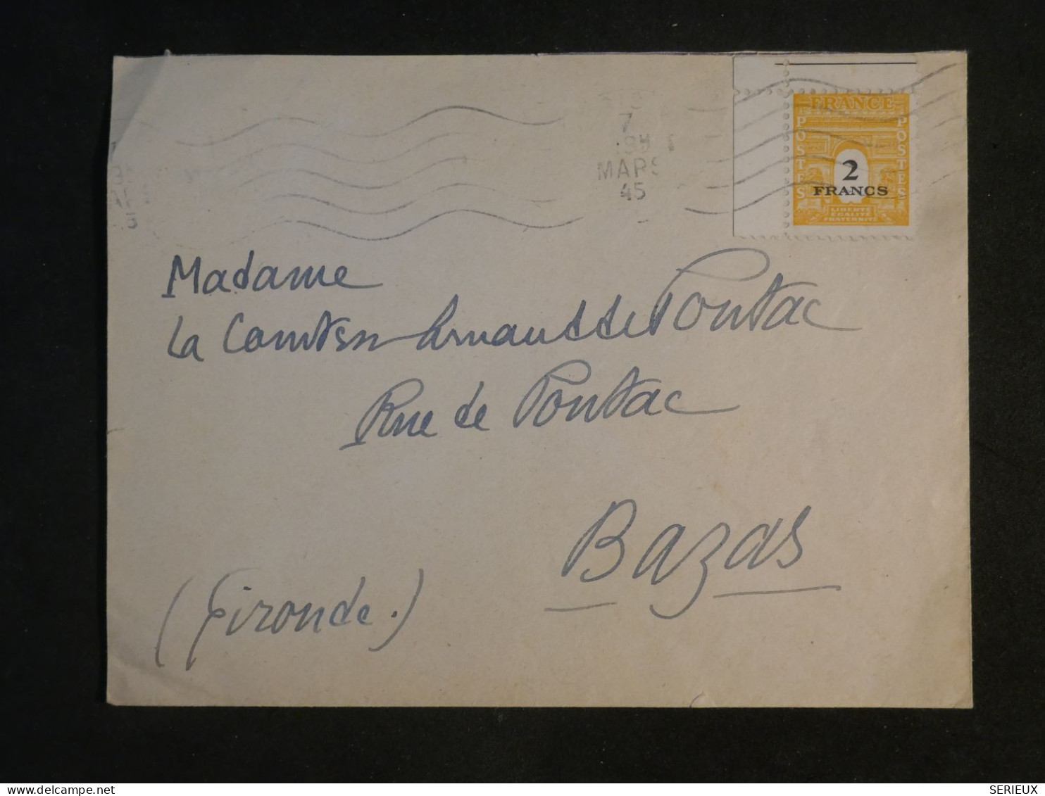 DJ 14 FRANCE BELLE  LETTRE 1945 BAZAS +ARC TRIOMPHE  COINFEUILLE  +AFFRANCH. INTERESSANT++ - 1944-45 Marianne (Dulac)