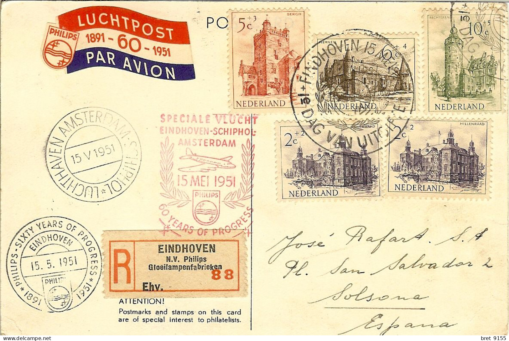 TIMBRES EINDHOVEN AMSTERDAM PHILPS 1891 - 1951 LA CARTE DU PHILATELISTE - Poststempels/ Marcofilie