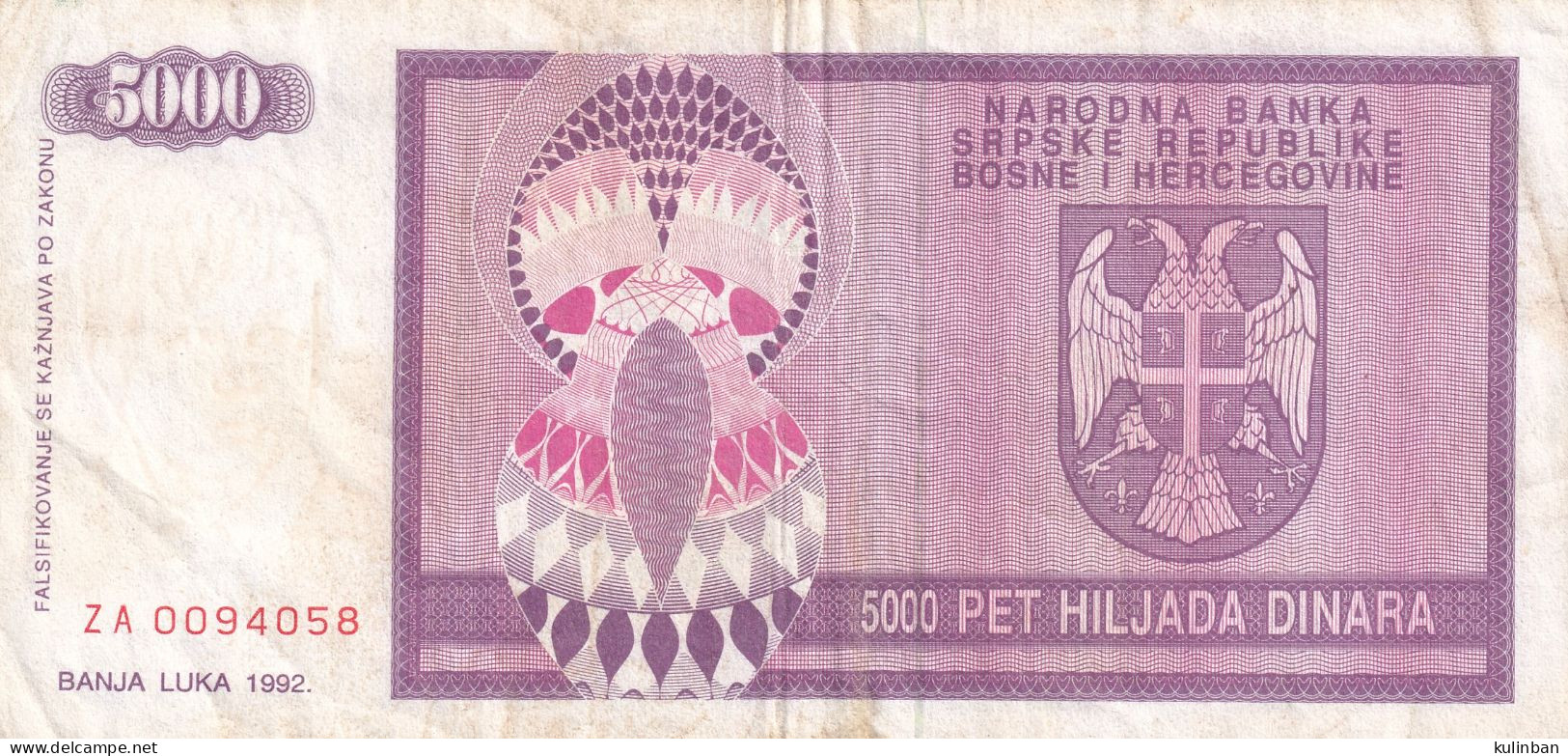 BOSNIA AND HERZEGOVINA, Replacement Banknote, ZA 0094058. P-138d,VF, 5.000 DINARA,  BANJA LUKA 1992. - Bosnia And Herzegovina