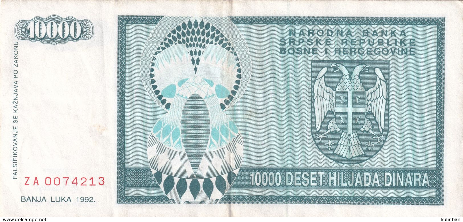 BOSNIA AND HERZEGOVINA, Replacement Banknote, ZA 0074213. P-139d,VF, 10.000 DINARA,  BANJA LUKA 1992. - Bosnia And Herzegovina