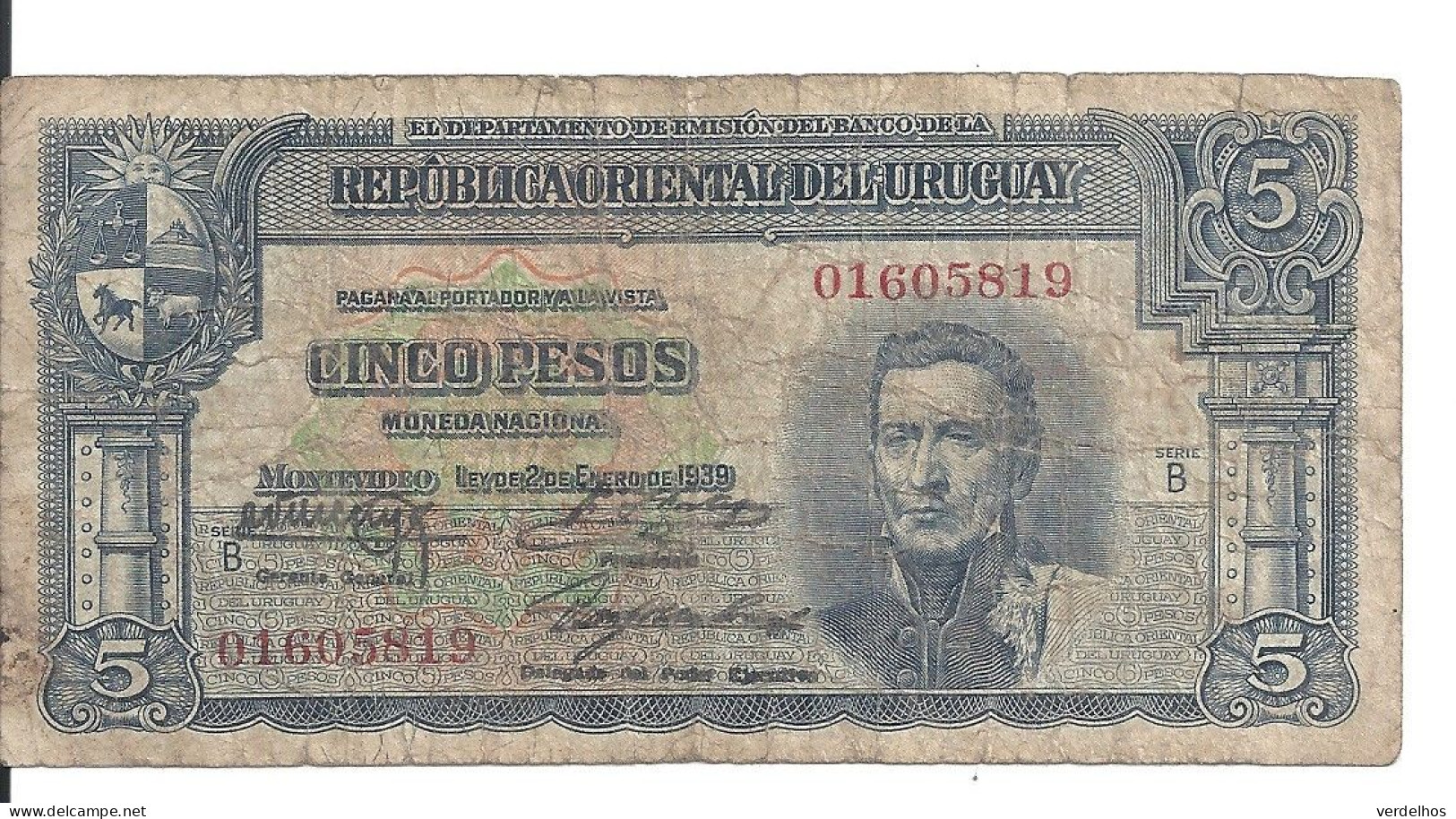 URUGUAY 5 PESOS L.1939 VG+ P 36 A - Uruguay