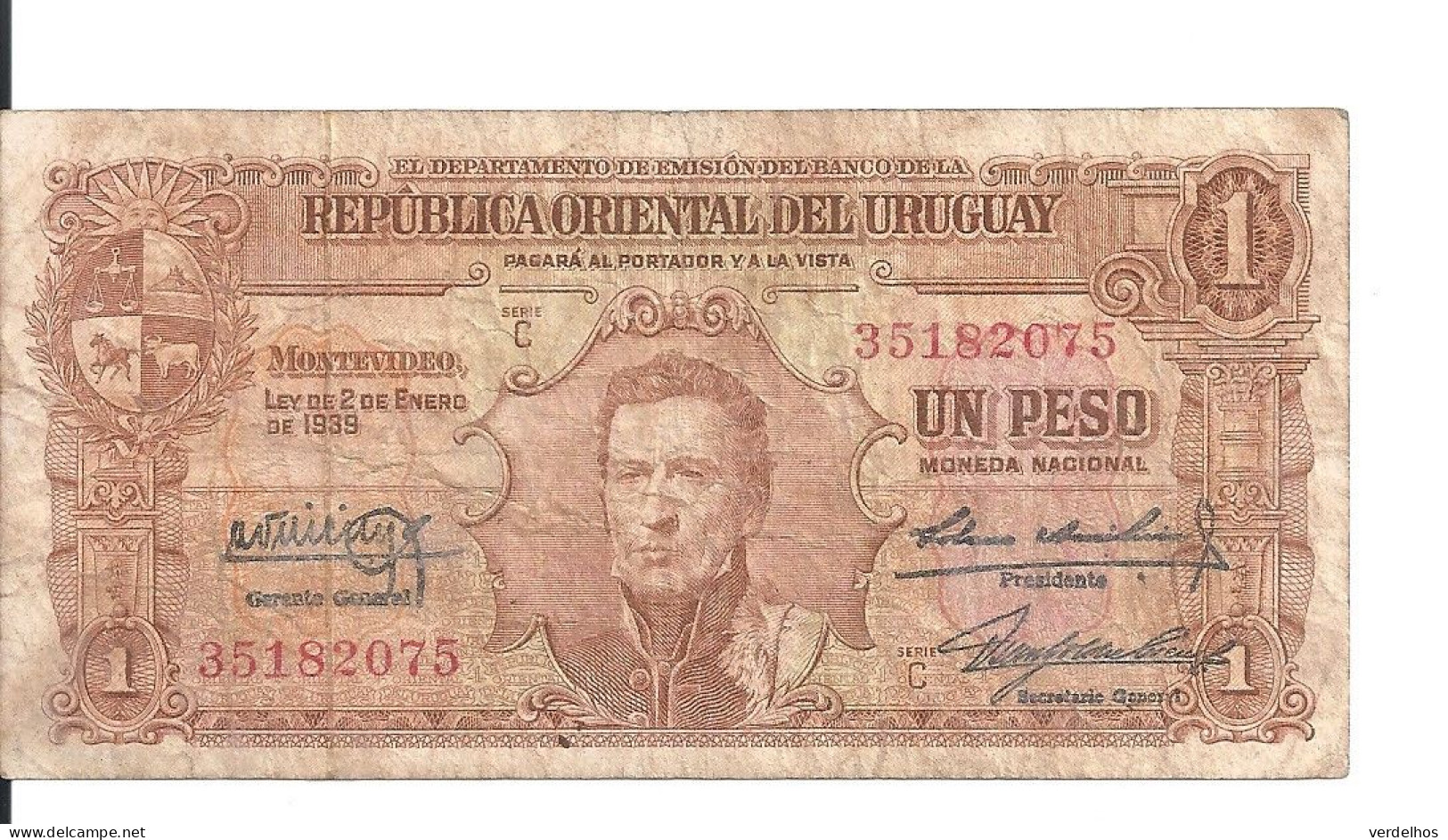 URUGUAY 1 PESO 1939 VG+ P 35 B - Uruguay