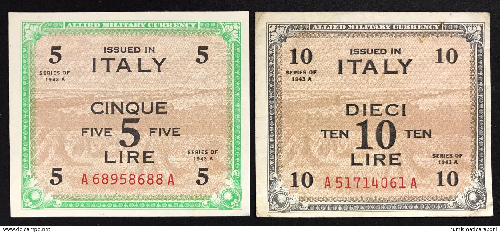 5 Am Lire A....AA Sup +10 Am Lire 1943 Bilingue A....A Bb  LOTTO 4473 - Allied Occupation WWII