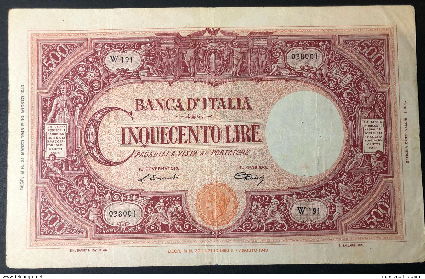 500 LIRE BARBETTI GRANDE C 21 03 1946  Bella La Carta E I Colori LOTTO 1582 - 500 Liras