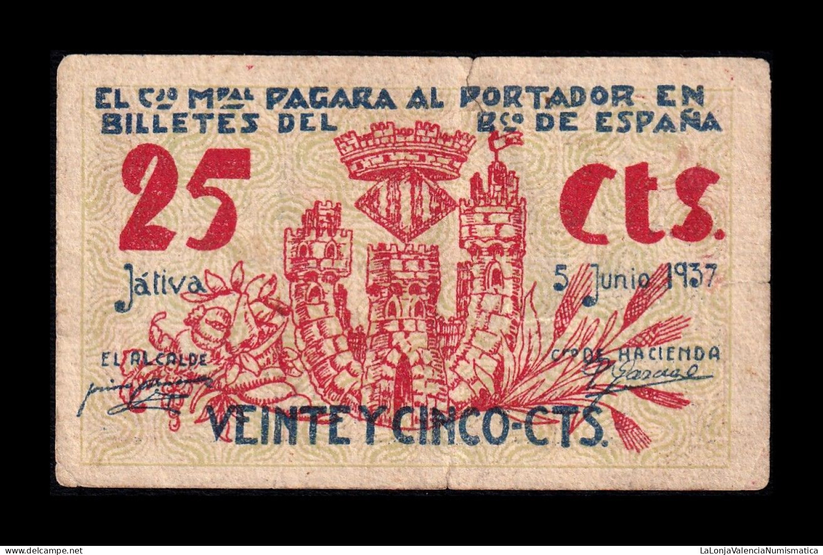 España Spain Billete Local Játiva Xativa 25 Céntimos 1937 Bc/Mbc F/Vf - Andere & Zonder Classificatie