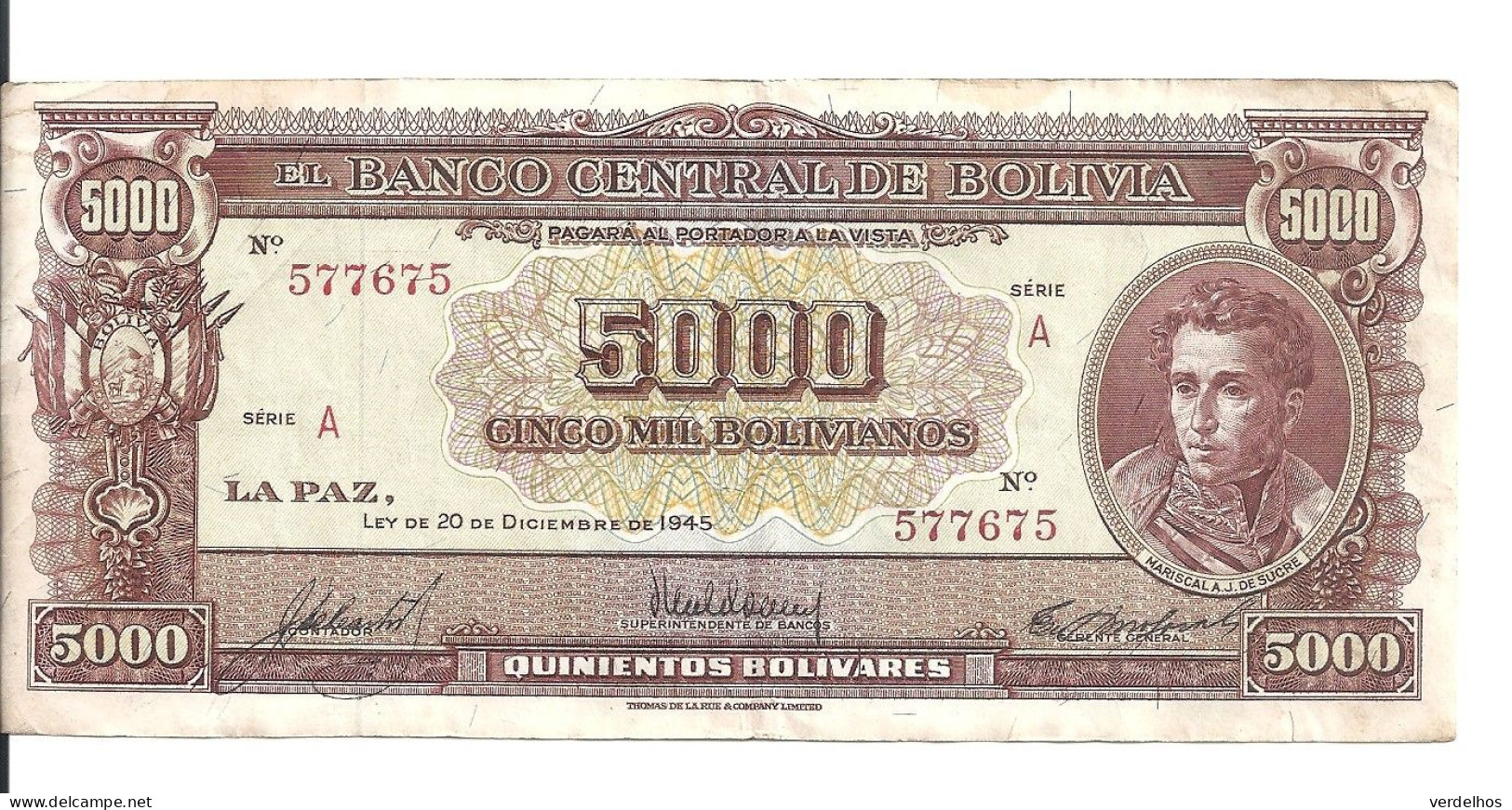 BOLIVIE 5000 BOLIVIANOS L.1945 VF+ P 145 - Bolivia