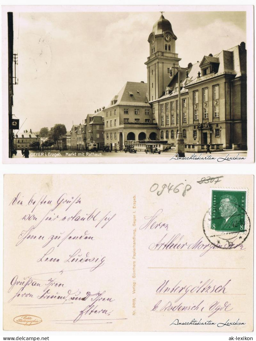 Ansichtskarte Geyer Markt, Rathaus Und Autos 1931  - Geyer