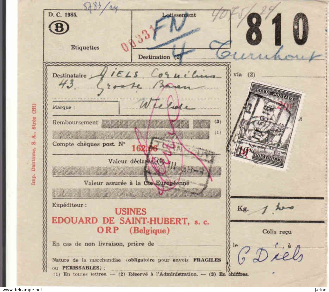 Belgien Bahnpost, Colis Postaux,  ORP - Turnhout, Weelde 1959, Nr. 810 - Sonstige & Ohne Zuordnung