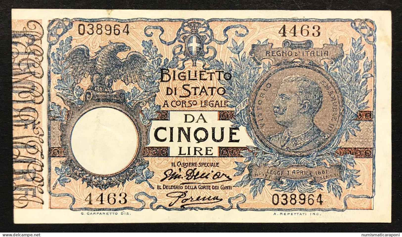 5 Lire Vittorio Emanuele III 29 07 1918 Dell'ara Porena Bb/spl Naturale LOTTO 2635 - Italië– 5 Lire