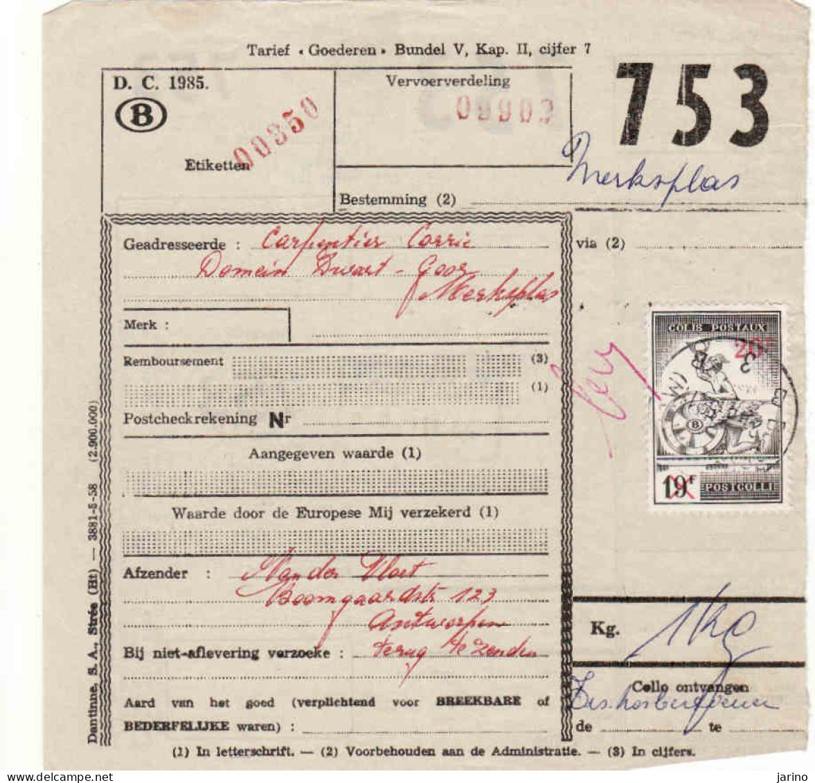 Belgien Bahnpost, Colis Postaux,  Antwerpen - Merksplas 1959, Nr. 753 - Other & Unclassified