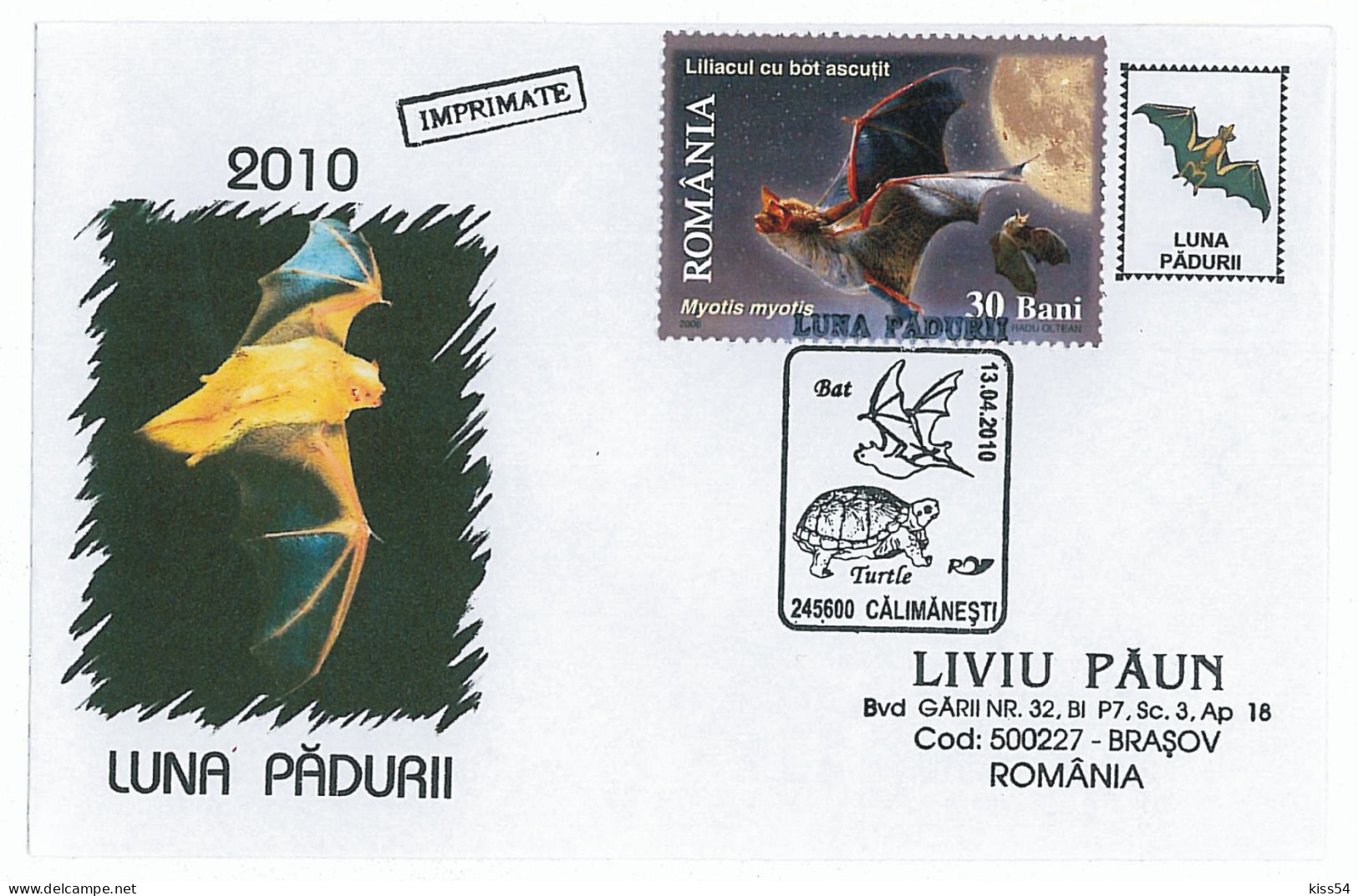 COV 10 - 927 BAT, Romania - Cover - Used - 2009 - Fledermäuse