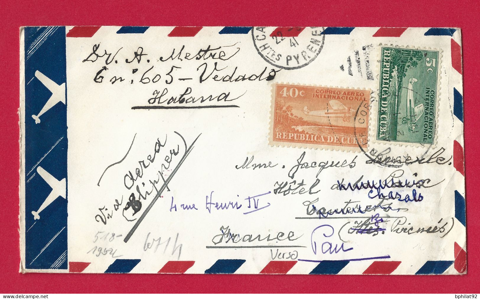 !!! LETTRE PAR AVION DE CUBA POUR LA FRANCE DE 1941, CENSURE ALLEMANDE AU VERSO - Airmail