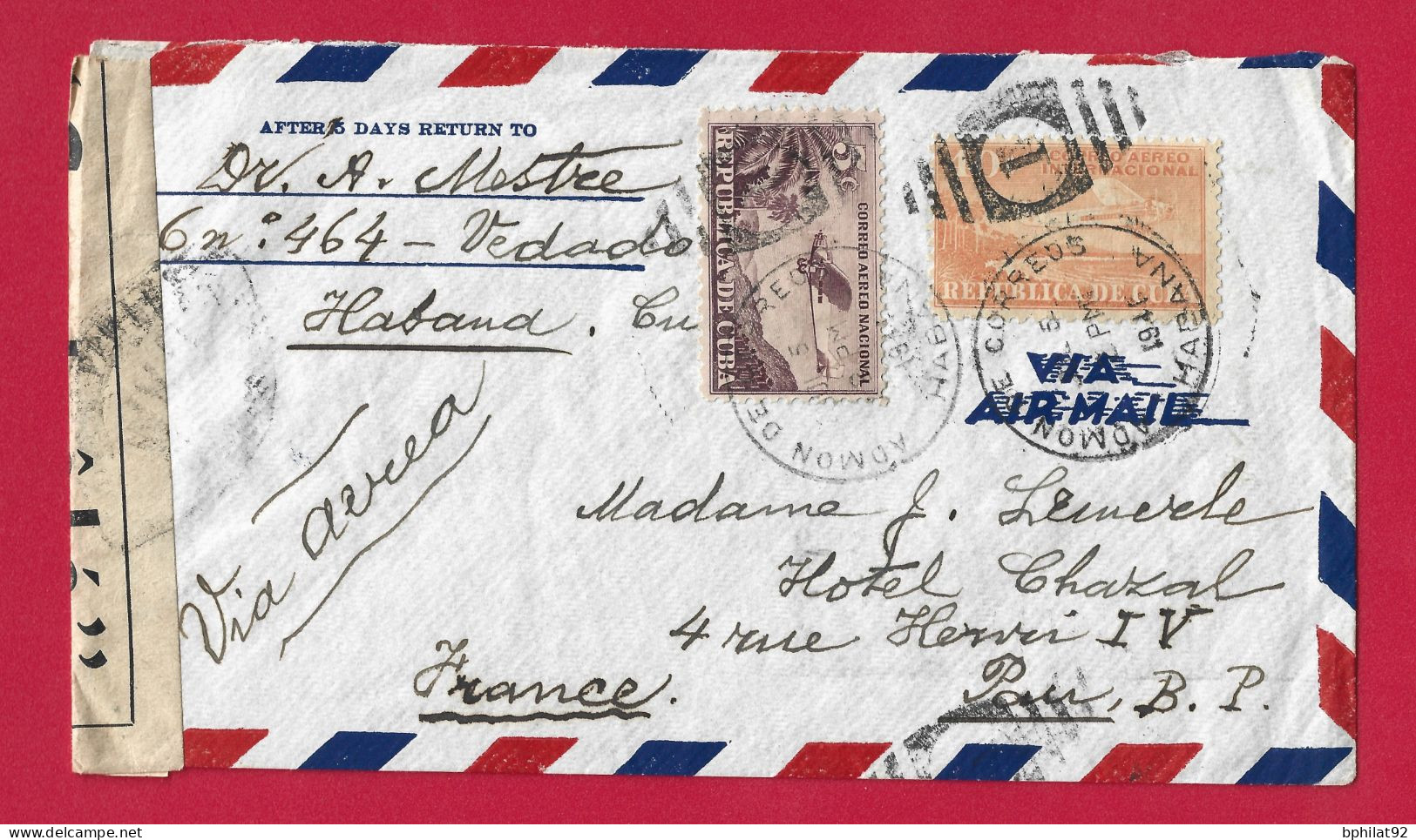 !!! LETTRE PAR AVION DE CUBA POUR PARIS DE 1941, CACHET DE HABANA, AVEC CENSURE - Poste Aérienne