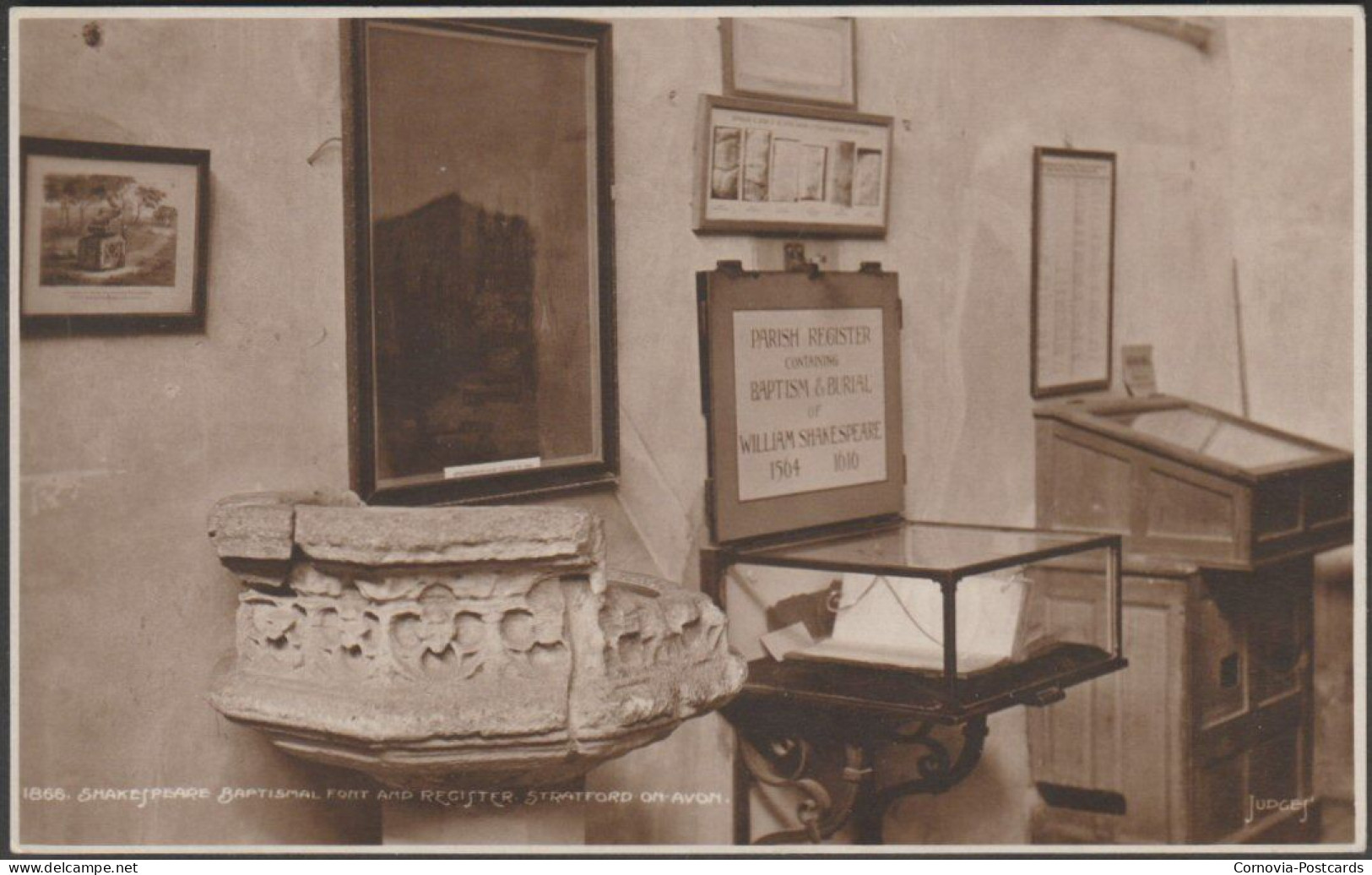 Shakespeare Baptismal Font And Register, Stratford-on-Avon, C.1913 - Judges RP Postcard - Stratford Upon Avon