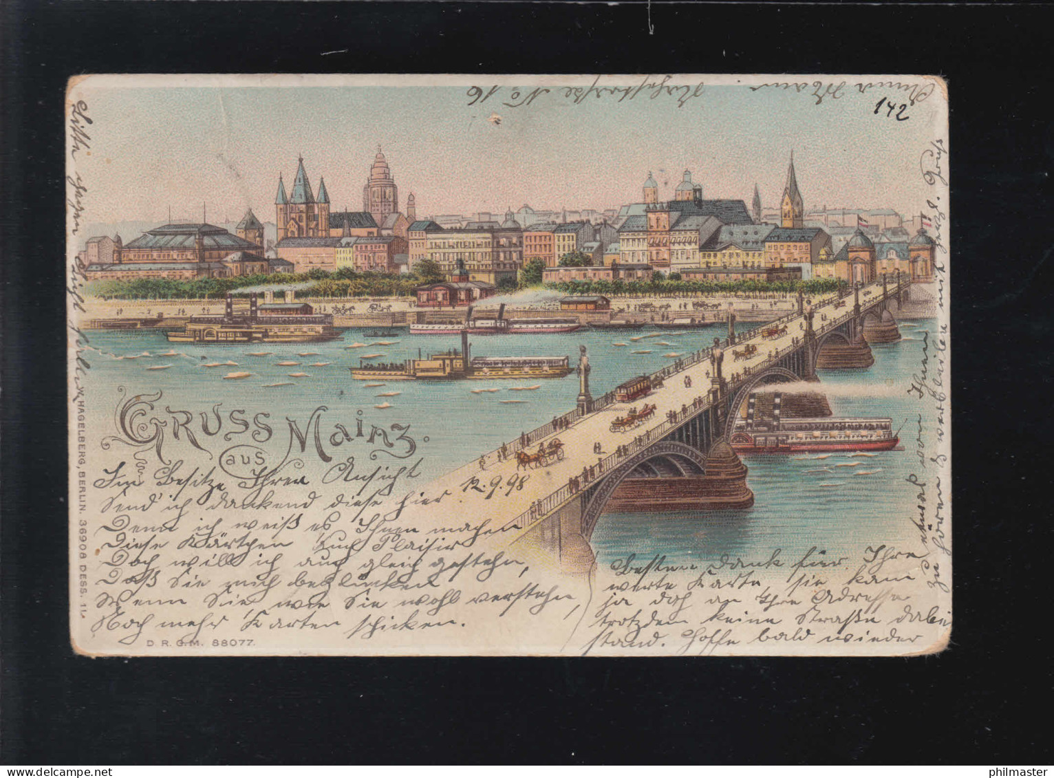 Gruss Aus Mainz Dampfschiffe Rhein Theodor-Heuss Brücke Mainz /Möckern 13.9.1898 - Controluce