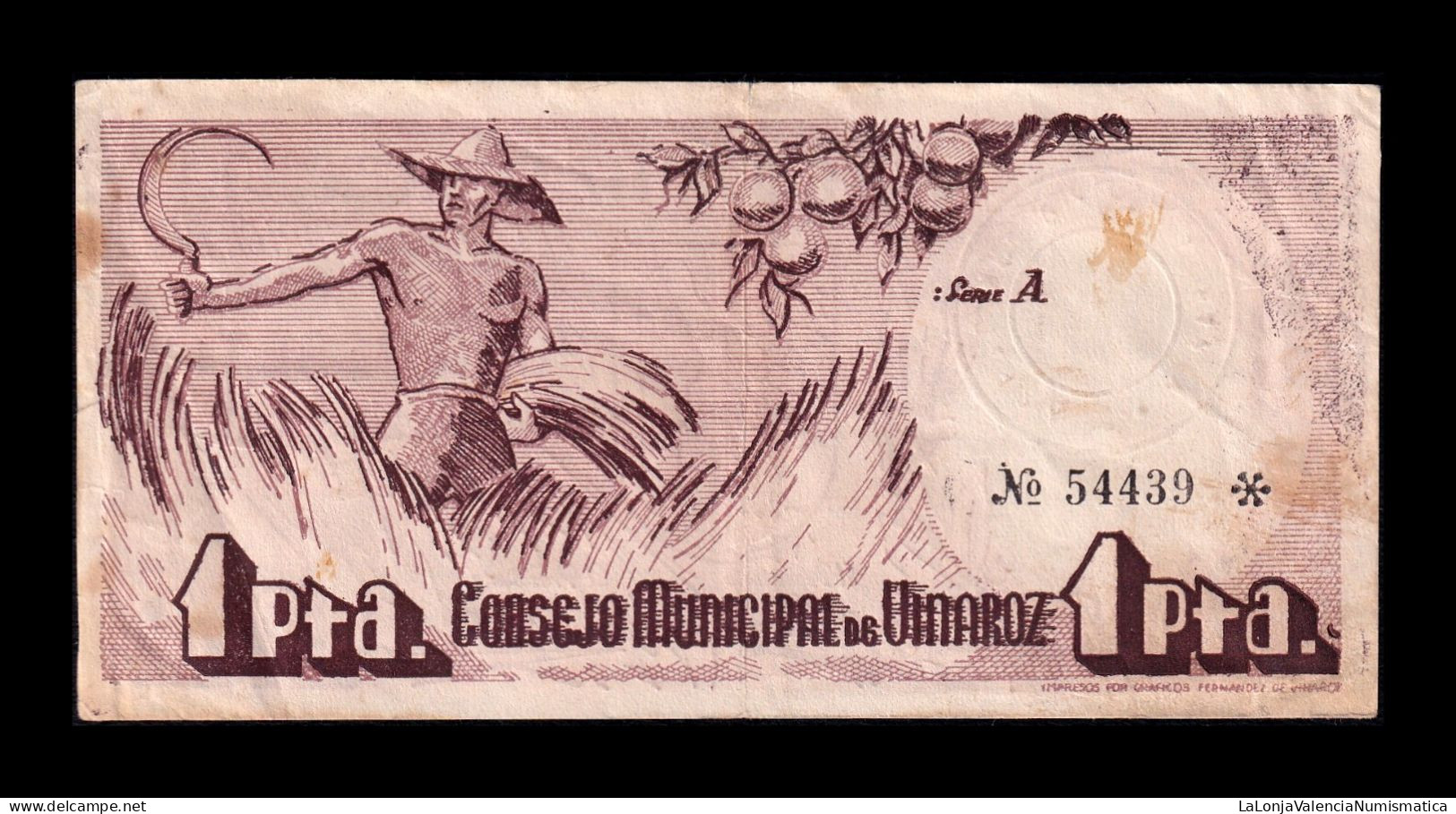 España Spain Billete Local Guerra Civil Vinaroz 1 Peseta 1937 Mbc Vf - Otros & Sin Clasificación