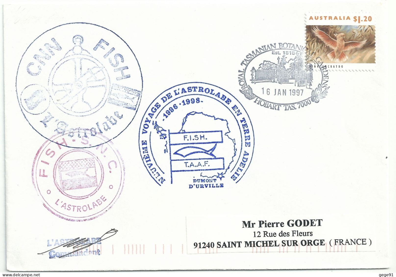 YT 1325 Cacatoes - Posté à Bord De L'Astrolabe - Paquebot - Escale à Hobart - 16/01/1997 - Cartas & Documentos