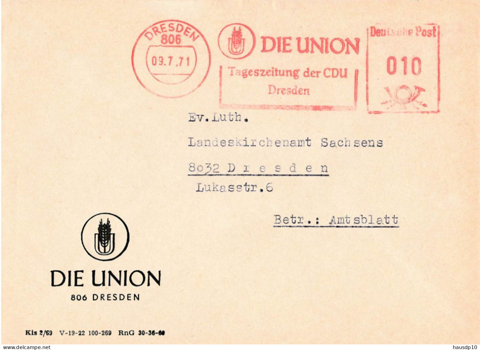 DDR Brief AFS  Die Union Tageszeitung Der CDU Dresden 1971 - Máquinas Franqueo (EMA)