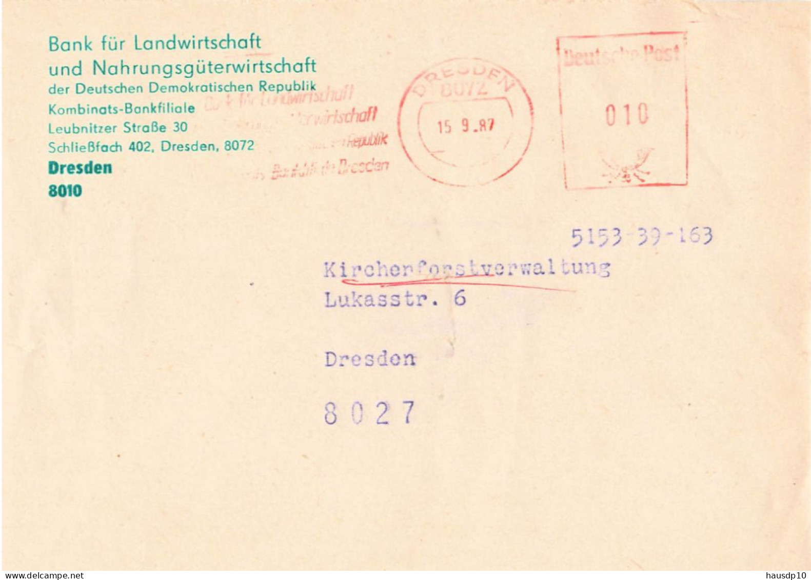 DDR Brief AFS Bank Für Landwirtschaft Und Nahrungsgüterwirtschaft Dresden 1987 - Maschinenstempel (EMA)