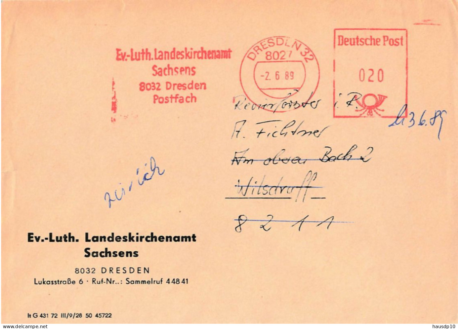 DDR Brief AFS Ev. Luth. Landeskirchenamt Sachsen 1989 Dresden - Franking Machines (EMA)