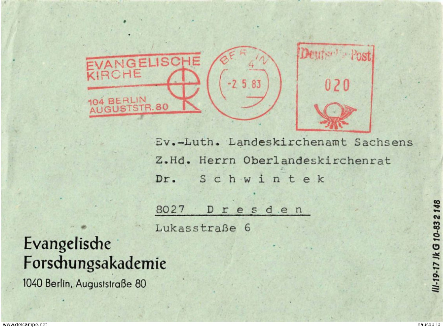 DDR Brief AFS Evangelische Forschungsakademie Berlin 1983 - Machines à Affranchir (EMA)