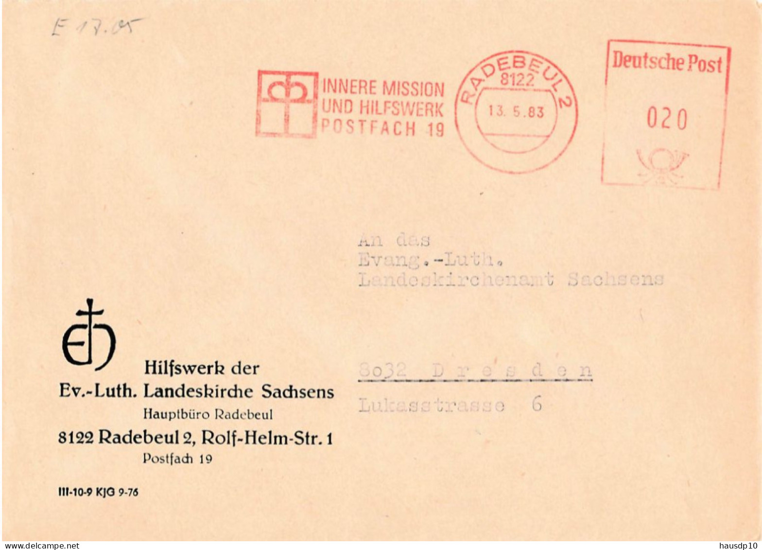 DDR Brief AFS Hilfwerk Der Landeskirche Sachsens Radebeul Innere Mission 1983 - Frankeermachines (EMA)
