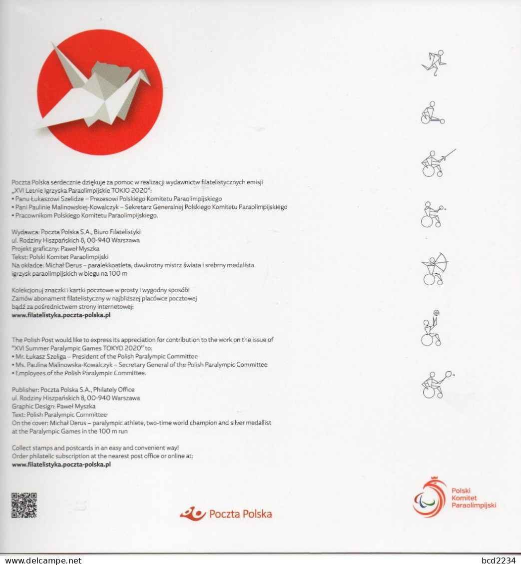 POLAND 2020 POLISH POST OFFICE SPECIAL LIMITED EDITION FOLDER: XVI SUMMER PARALYMPIC OLYMPIC GAMES TOKIO TOKYO JAPAN - Estate 2020 : Tokio