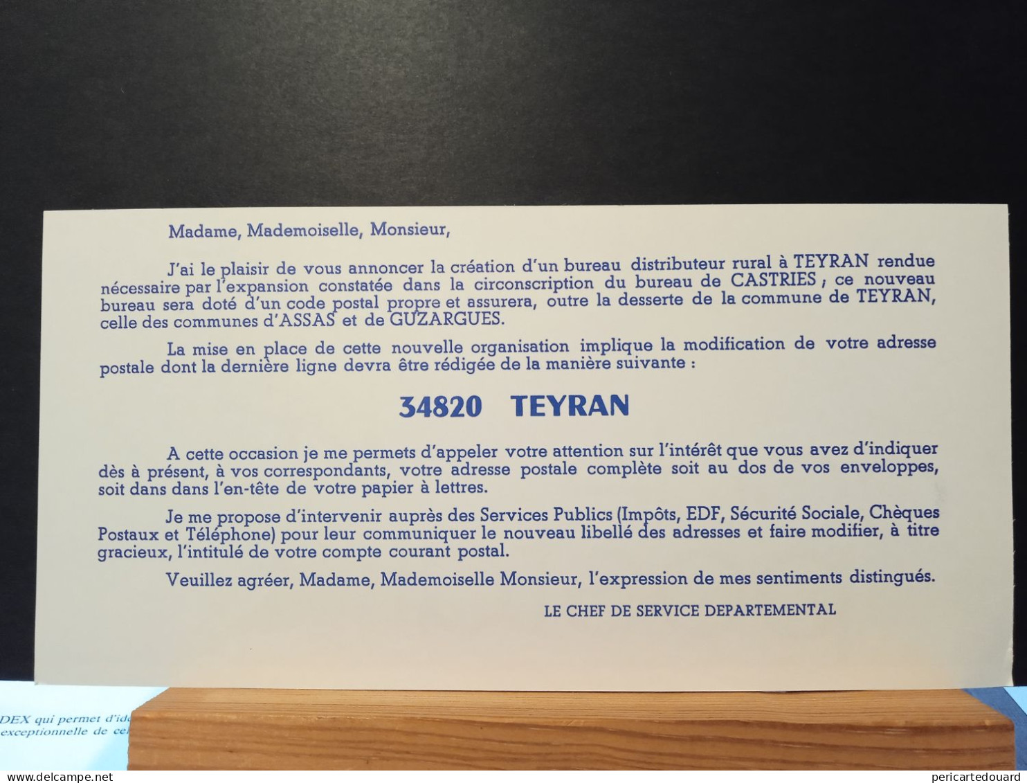 Code Postal. Carte D'information Des PTT Pour Le  34820  TEYRAN - Briefe U. Dokumente