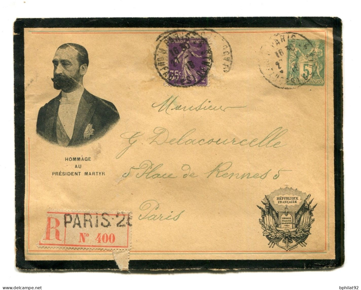 !!! ENTIER POSTAL 5C SAGE AVEC REPIQUAGE HOMMAGE AU PRESIDENT MARTYR RECOMMANDE - UTILISATION TARDIVE - Umschläge Mit Aufdruck (vor 1995)