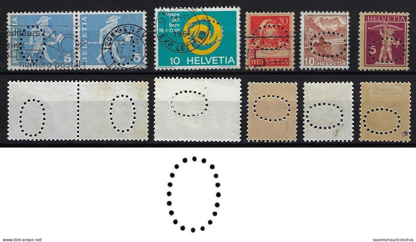 Switzerland 1899/1966 6 Stamp With Perfin O By Industrial Services Of The City Of Geneva Lochung Perfore - Perfins