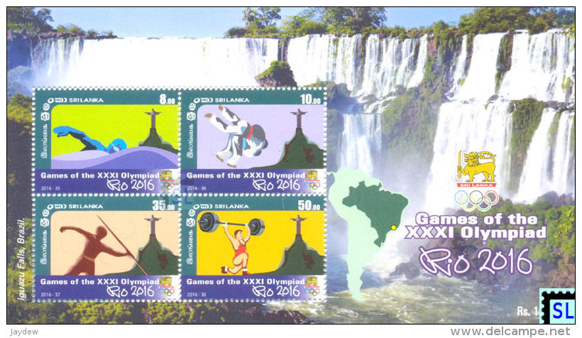 Sri Lanka Stamps, Olympic 2016, Rio Brazil, Christ The Redeemer, Iguazu Falls, MS - Sri Lanka (Ceylon) (1948-...)