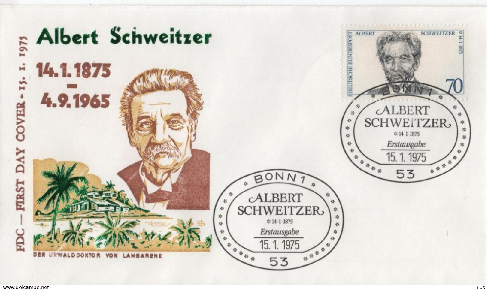 Germany Deutschland 1975 FDC Albert Schweitzer, Prize Nobel, Organist Music Musik Writer Philosopher Physician, Bonn - 1971-1980