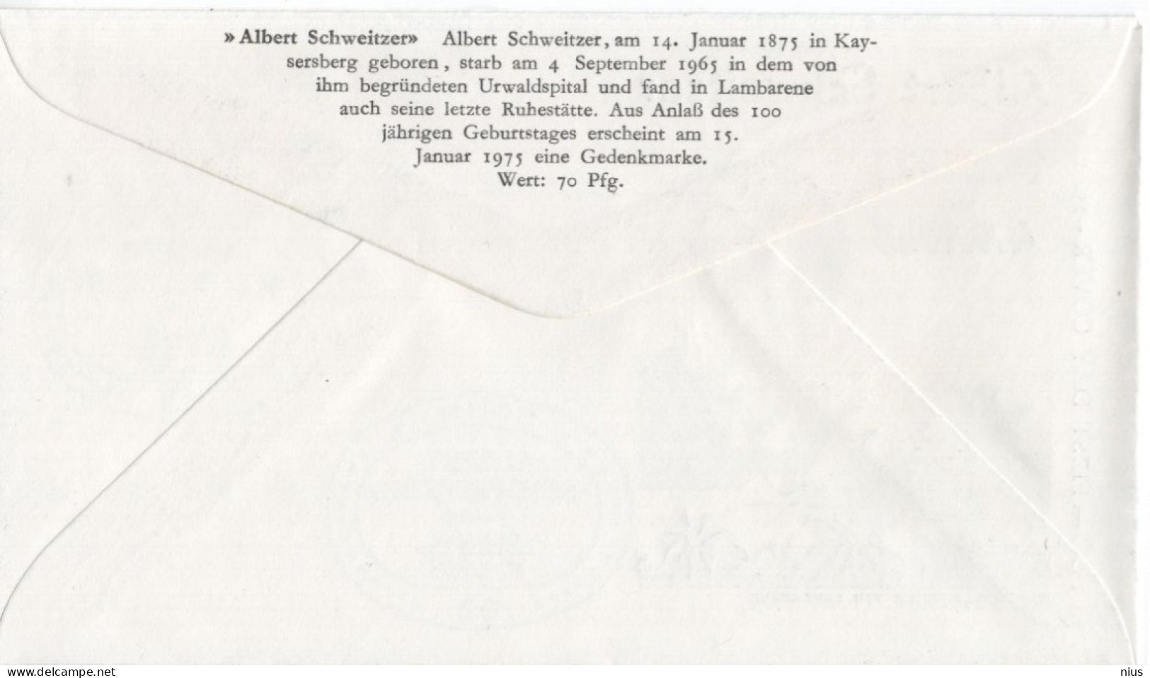 Germany Deutschland 1975 FDC Albert Schweitzer, Prize Nobel, Organist Music Musik Writer Philosopher Physician, Bonn - 1971-1980