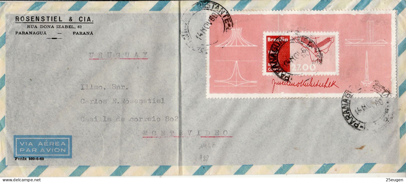 BRAZIL 1960  AIRMAIL  LETTER SENT TO MONTEVIDEO - Briefe U. Dokumente