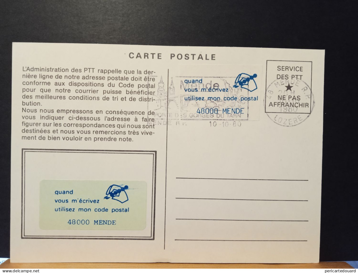 Code Postal. Carte Postale En Franchise Avec Deux Vignettes  48000  MENDE - Cartas & Documentos