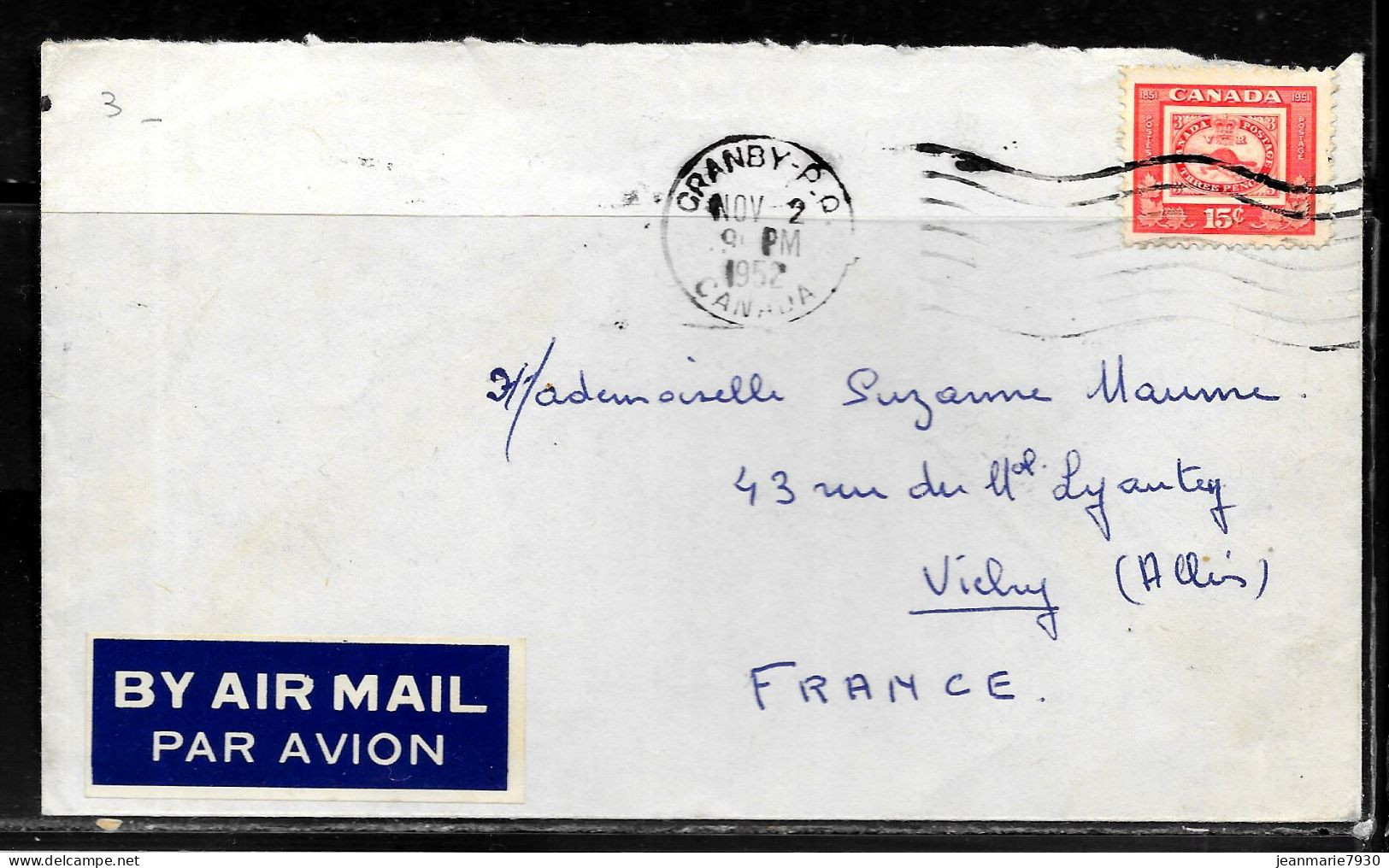 N492 - CANADA - LETTRE DE GRANBY DU 02/11/52 POUR LA FRANCE (VICHY) - Covers & Documents