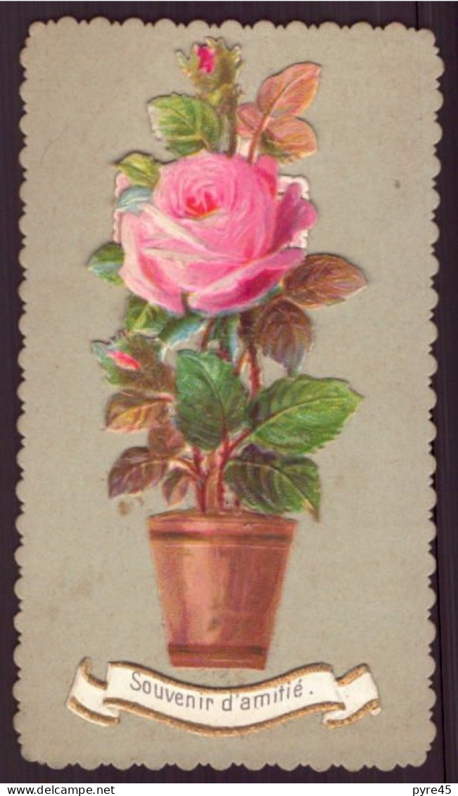 Découpis Collé Sur Un Carton ( 9 X 5 Cm ) " Roses Dans Un Pot, Souvenir D'amitié " - Fleurs